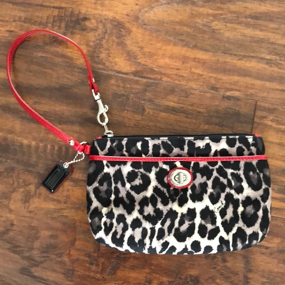 Coach Animal Print Wristlet with Red Trim